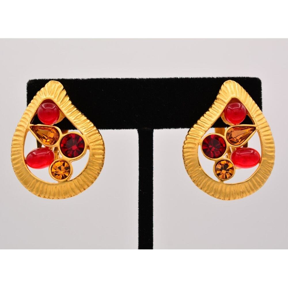 Givenchy Cabochon Clip On Earrings Red Crystal Brushed Gold Vintage Signed BinAG
